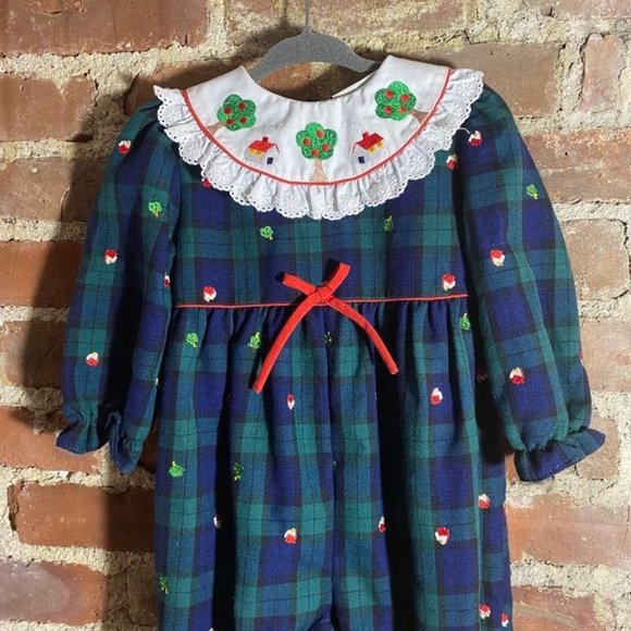 Vintage Glen Plaid Romper Bubble Lace Collar Apple Embroidery 18m - Picture 3 of 12